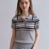 Camiseta de Manga Corta con Cuello de Solapa a Rayas Grises Estilo Coreano Hombro Normal para Mujer Verano Media Botonadura Tejido Fino de Seda de Hielo Ajuste Delgado