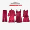 Pijamas de seda artificial sexy de cinco peças femininas com almofada no peito para o outono e inverno