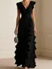 Nuevo vestido transfronterizo de estilo europeo y americano con mangas acampanadas pequeñas, volantes grandes, cuello en V, cintura alta, gasa y diseño hasta el suelo