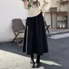 Saia Midi de Lã Grossa Cinza Escuro com Cintura Elástica para Outono Feminino, Cobre os Quadris, Emagrecimento, Estilo Guarda-chuva