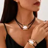 Moda Transfronteiriça Europeia e Americana Pingente de Acrílico Preto Colar Minimalista Retrô de Camada Dupla Conjunto de Joias de Pulseira Conjunto de Joias Femininas