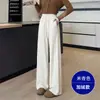 Calça feminina de lã com forro de fleece perna larga 2026 novo outono e inverno padrão espinha de peixe modeladora solta reta casual comprimento total
