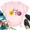 Moda para Mujer Divertida Flor Bicicleta Top Moda para Mujer Negro Verano Mujer Cuello O Manga Corta Camiseta