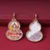 Pingente Thangka em Forma de Cabaça com Incrustações de Ouro Pintadas à Mão e Diamantes, Colar Amuleto Budista Estilo Chinês, Pingente Thangka de Liga Metálica Conservadora de Cor de Luxo Leve