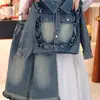 Conjunto de Mezclilla para Niña Otoño Nuevo Moda Estilo Coreano Infantil Chaqueta de Mezclilla y Pantalones de Pierna Ancha Conjunto de Dos Piezas