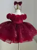 Vestido de Princesa Brillante para Niña con Hombros Descubiertos y Flores de Rosa para la Actuación Navideña Infantil