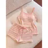 Conjunto de Pijama de Shorts Nuevo de Verano para Mujer Tallas Grandes 2026 Estampado de Rayas Rosas Conjunto de Ropa para el Hogar