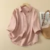 Nueva camisa de manga corta de algodón y lino de moda dopamina versátil de verano, cárdigan con cuello vuelto, ropa casual para mujer