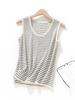 Estilo Nuevo de Verano Francés Rayas Finas Contrastantes Lana Peinada Tejido Fino Sin Mangas Borde Enrollado Cuello Redondo Chaleco Rayado