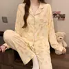 Pijama de Luxo Leve Feminino Primavera Tecido Amassado Manga Longa Calça Fina Doce Bolinhas Conjunto Roupa de Fora Roupas de Casa Atacado