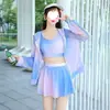 Nuevo Estilo Cubre-traje de Baño para Mujer, Conjunto de Tres Piezas Conservador de Manga Larga con Protección Solar para Vacaciones en la Playa, Estilo Falda Dividida, Adelgazante y que Oculta el Vientre, Adecuado para Aguas Termales