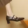 Nuevos Zapatos de Mujer Cuatro Estaciones Casuales de Tacón Bajo Negro de Deslizamiento en el Pie Tacón Cuadrado Zapatos Pequeños de Cuero con Suela Blanda de Tendón de Res Zapatos Individuales para Mujer
