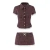 Ropa de mujer transfronteriza al por mayor 2026 AliExpress INS más vendido camisa a cuadros roja de manga larga con encaje ondulado empalmado de corte ajustado + minifalda