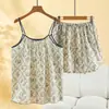 2026 Conjunto de Pijama de Camisola y Shorts de Algodón Puro para Mujer, Estilo Coreano, Estampado Floral, Adecuado para Usar como Ropa de Exterior