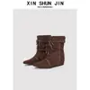 Botas Vaqueras Western Vintage de Piel de Vaca para Mujer con Aumento Oculto de Altura Botas Arrugadas Apiladas Botas de Jinete Versátiles Botas Largas con Cordones