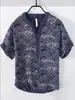 Nueva Camisa Hawaiana para Hombre Paisaje con Tinta Estampado de Sol Transfronteriza Europea y Americana Camisa de Lino de Bambú de Manga Corta con Cuello en V