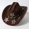 Sombrero Negro de Fieltro para Chica Picante con Tachuelas de Estrella, Sombrero Vaquero Occidental con Adornos de Estrella Plateada con Purpurina, Plumas con Cuentas, Sombrero Estilo Retro Dulce y Genial