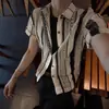 Camisa de punto para hombre, estilo resort, bloques de color a rayas, hueca, manga corta, para playa en verano, fina y transpirable, manga media