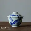 Azul antiguo y blanco esmaltado tapa roja Tazón cerámica kung fu juego de té hogar individual grande vintage tazón de té con tapa taza de té