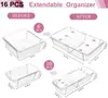 Caixa organizadora transparente com gaveta retrátil para cosméticos e ferramentas de beleza. Ideal para guardar diversos itens de beleza.