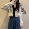 Cardigan de Tricô com Decote V Cor de Café para Mulheres, Curto para Primavera/Outono, Cintura Alta, Mangas Longas, Peça para Outono Inicial, Suéter, Casaco, Top para Baixinhas