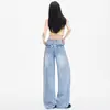 Calça Jeans Wide Leg Azul Claro Bordada Outono 2026 Nova Cintura Alta Solta Modeladora Estilo Americano Calça Reta Venda por Atacado