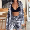 2025 Outono Europeu e Americano Transfronteiriço Novo Estilo Nacional Estampado Pijama de Shorts de Manga Longa com Cordão na Cintura Roupas de Casa Femininas