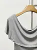 Diseño de Nicho "Dangyang" Top Elástico Ajustado de un Solo Hombro en Gris Floral Claro/Negro/Morado