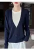 Nuevo suéter de punto elegante de otoño e invierno de imitación de dos piezas con cuello en U para mujer, de corte holgado, de manga larga, tejido fino, versátil
