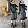 Conjunto de Maternidade para Outono e Inverno com Barra Franzida e Vestido-Colete Patchwork, Conjunto de Duas Peças: Vestido-Colete de Tricô para Maternidade + Blusa