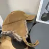 Conjunto de Duas Peças ~ Moda Coreana Outono e Inverno Chapéu Trapper à Prova de Vento em Camurça para Mulheres, Chapéu Espesso Quente Protetor de Orelhas Peludo Retrô Tendência