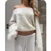 Suéter de pelúcia de cor sólida solto, moda casual transfronteiriça europeia e americana, elegante e estiloso para o trabalho, top de manga longa estilo minimalista ins com decote inclinado