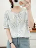 Camisa de manga corta con cuello de encaje de gasa de algodón de doble capa para mujer, estampado artístico vintage, suave, hipoalergénica, transpirable, top de algodón puro