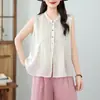 Camisa vintage sin mangas de ramio para mujer, top fino de color liso para verano, artístico y versátil, blusa elegante de talla grande