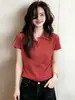 Camisa de Punto con Solapa Roja para Mujer, Camiseta Polo de Manga Corta Fina de Seda de Hielo Ajustada para Verano