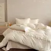 Juego de Ropa de Cama Estilo Princesa Crema Francesa 2026 Nuevo Algodón Lavado Sábana Ajustable Sábana Plana Funda de Edredón Juego de Cama de Tres Piezas