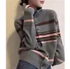 Otoño e Invierno Nuevo Color Bloque Rayas Cuello Alto Tejido Cárdigan Suéter Abrigo Manga Larga Mujer Top Estilo Coreano Ropa de Mujer Venta al por Mayor