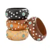Pulsera de Madera Punk Retro Transfronteriza Europea y Americana Incrustada con Turquesa, Pulsera Ancha de Madera con Remaches Metálicos Moda Estilo Ins