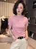 Camiseta Feminina de Cor Sólida Simples com Gola Alta Curta 2026 Chegada de Verão Versátil para o Dia a Dia Top Emagrecedor Camisa Pequena