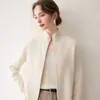 Cardigã de cashmere minimalista com zíper para mulheres, coleção outono/inverno 2026, caimento solto, efeito emagrecedor, gola alta, casaco de lã com tricô solto