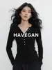 Yu Jian HAVEGAN / Camiseta de Punto Manga Larga Cuello Henley Otoño Mezcla de Lana Elástica Estilo Old Money Perezoso para Mujer