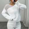 Suéter Nuevo Transfronterizo para Mujer, Tejido de Felpa para Primavera y Otoño, Top Holgado de Estilo Perezoso con Retazos Calados Hombros Caídos para Mujer