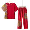 Conjunto de Verão de Algodão e Linho para Mães Tamanho Grande Feminino Meia-Idade e Idoso Estilo Étnico Retrô Vovó Camiseta de Manga Curta Conjunto de Duas Peças