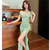 Vestido Sexy de Gola V com Manga Curta, Franjas Longas, Painéis de Renda e Fenda, Roupa de Trabalho para Técnico de Boate, Beleza
