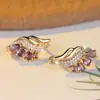 Pendientes de Moda de Gama Alta Personalizados, Pendientes de Gota de Agua Dorados Electroplateados Populares Transfronterizos, Diamante Morado y Diamante Blanco Microincrustados