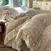 Estilo Princesa de Inverno Renda Roupa de Cama Leite Fleece Conjunto de Quatro Peças Capa de Edredom Fleece Dupla Face Conjunto de Lençóis Fleece Coral Plus
