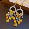 Brincos de Franja em Forma de Flor de Zircônia Amarela Colorida do Crepúsculo, Para Roupas de Noite, Brincos Luxuosos, Joias com Sensação de Luxo Leve e de Alto Padrão