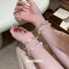 Pulsera vintage de encaje rosa y blanco con cuentas para mujer, pulsera exquisita de nicho de alta gama, lujo ligero con un toque fresco y versátil