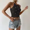 Verano Europeo y Americano Nuevo Estilo Estación Independiente de Amazon Transfronterizo con Cordones en la Espalda Patrón de Cáñamo con Cuentas Top de Tirantes Halter para Mujer