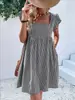 2026 Site Independente de Roupas Femininas Transfronteiriças Europeias e Americanas Amazon Vestido de Xadrez de Cintura Alta com Manga Bufante e Gola Quadrada para Mulheres